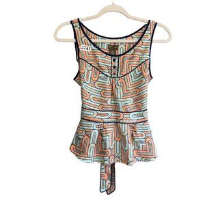 Fei Anthropologie Silk Tank Top Women's Size 0 Orange Green Peplum Belted Retro